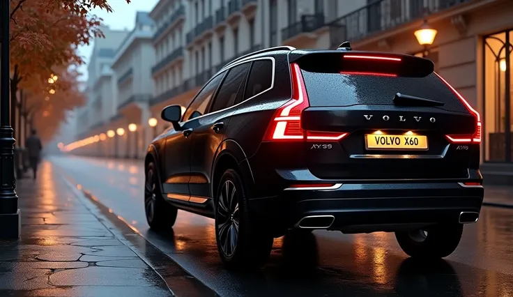 A Volvo XC60 in light black color, viewed from the rear side, is parked on the side of a luxury apartment street. The scene depicts the road after rain, with the black paint of the vehicle shining. The license plate reads "Volvo XC60" and is illuminated.