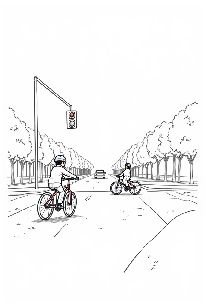 An elementary school student riding a bicycle ran a red light at an intersection., another student rides a bike with both hands free, go right, landscape with little greenery, there are 2 people on the road and a car, use line drawing