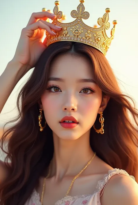 kpop album cover crown on the head of a person with brown hair and a hand holding the crown so it doesn&#39;t fall
