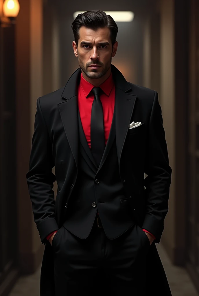 Two-color detective with his elegant black and red suits 