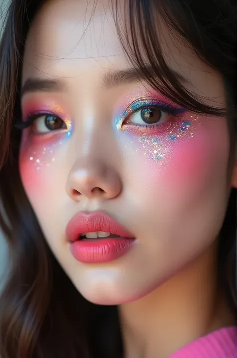 Create a korean makeup for women, a playful approach with bright eyeshadow colors, bold eyeliner, and pops of glitter. Pair with bold lip color gloss for a statement look, hd picture, real skin texture, close up face, long hair.