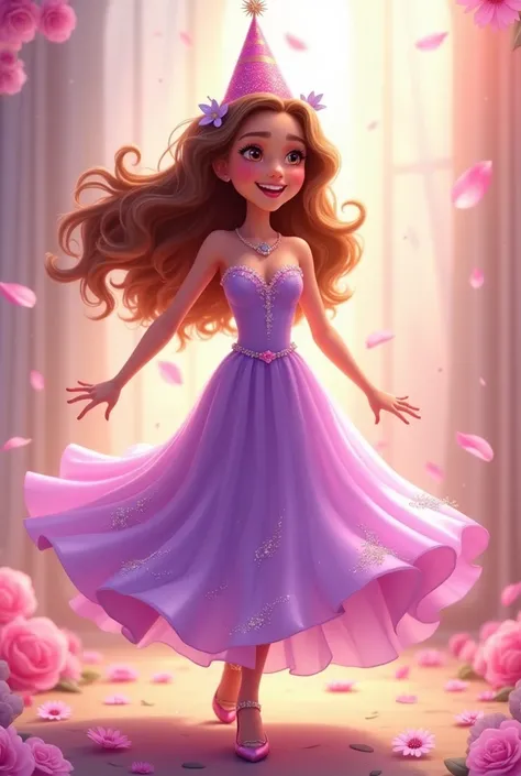 Animated woman in a lilac 15th birthday dress