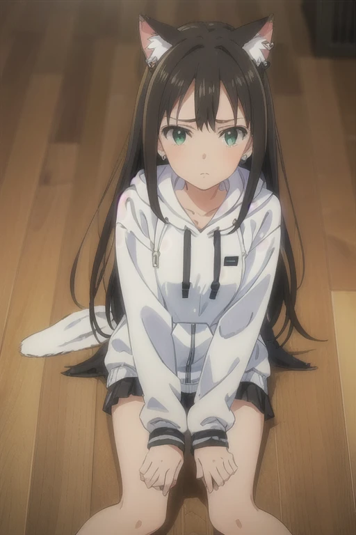 (((Pixel Perfect, Perfect in every detail))), Alone, One girl, Rin Shibuya, White hoodie, White cat ears, Earrings, Troubled expression, Sitting on the floor, View your viewers