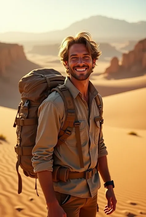 A 30-year-old young traveler traveling through the desert Smiling face

