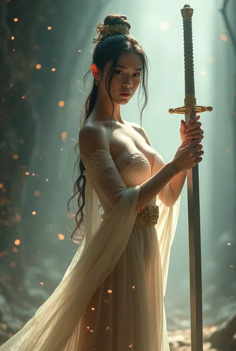 ((Fully Naked)),(looking at viewer, facing viewer), digital art ilustration, depth of field, cinematic light, chiarosaurio, mist, particles, sparks,reflections, a female princess (Disney princess, Dilraba Dilmurat), holding ancient god sword, holy light, c...