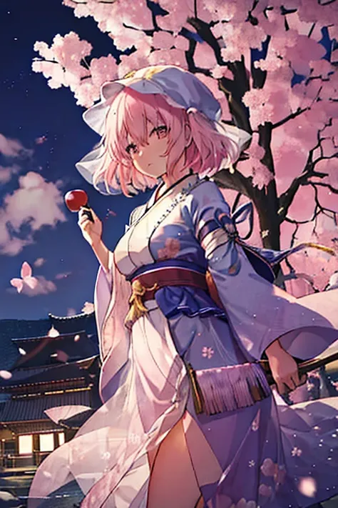 Saigyouji Yu々A child is enjoying cherry blossom viewing under the cherry tree while eating sumptuous food.　Cherry Blossoms at Night　Moonlit Night　　Cherry blossom viewing　My breasts are small　Clothes are default