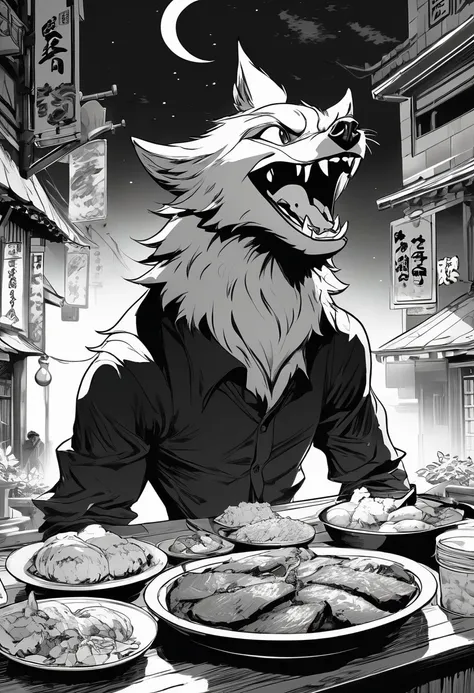 black and white comics、japanese manga、monochrome、 conversation scene、comical werewolf wearing a long sleeved black shirt、a delic...