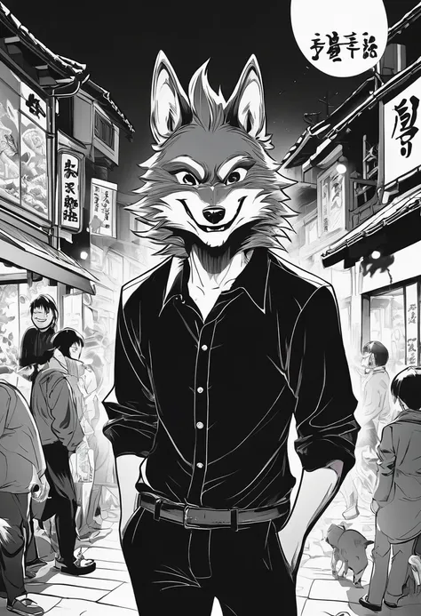 black and white comics、japanese manga、monochrome、 conversation scene、comical werewolf wearing a long sleeved black shirt、a delic...