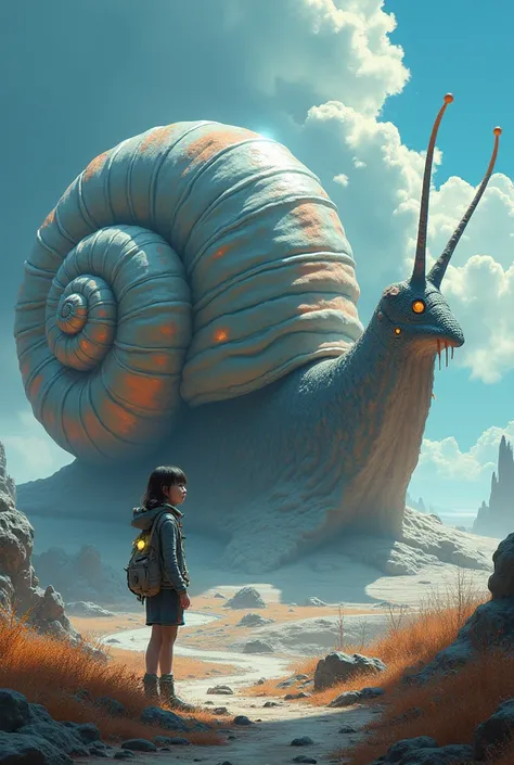 ((masterpiece)), highly detailed, digital illustration, a young girl standing on a vast, alien landscape, interacting with a gigantic snail with glowing patterns on its shell, the snail’s antennae waving gently as it gazes at her, surreal and dreamlike atm...