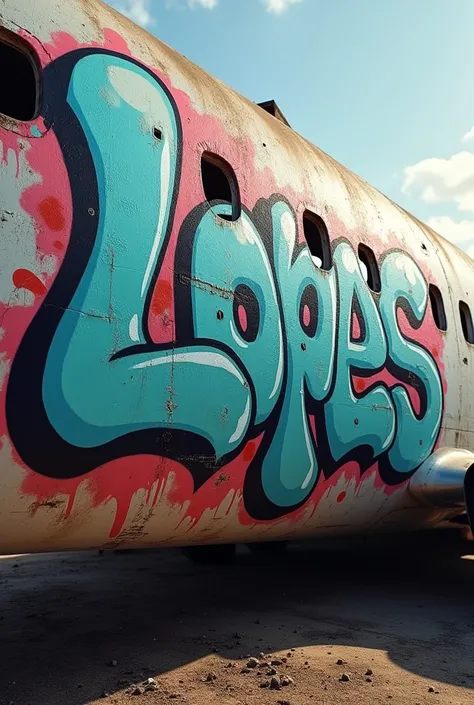 Graffiti throw up with the name LOPES in gray with bubble-shaped letters on the side of an abandoned plane 