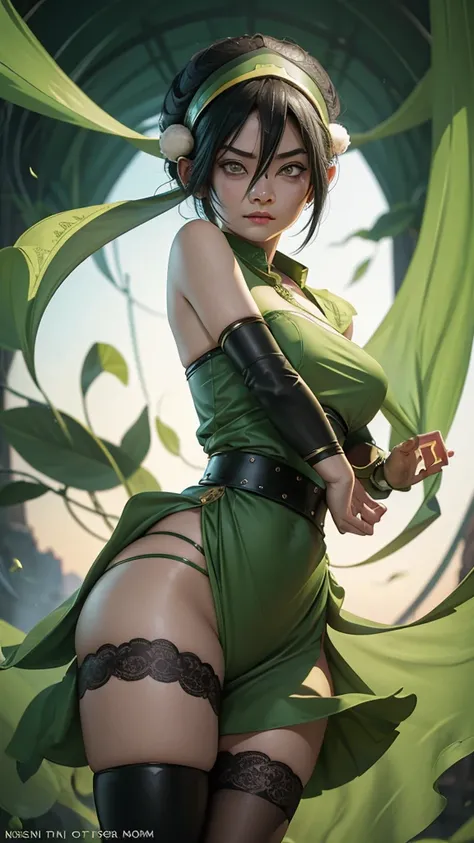 Toph beifong  ,1girl , anime , Black hair,green veils,  mouth veil ,toph beifong , disappointed face , solo , pelvic curtain  , bra , flat chest  ,lace stockings, looking at viewer , arabe .