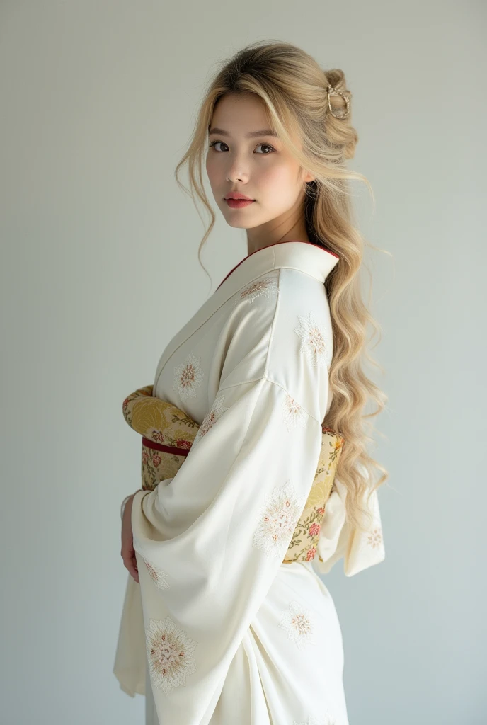 Professional studio photo of a beautiful blonde-haired Japanese geisha wearing a white kimono.