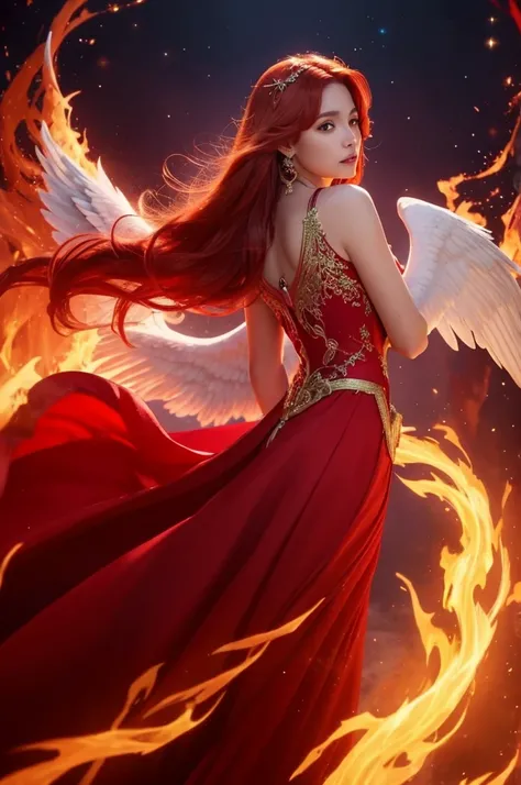 Heres the prompt for your video:

"Create a mystical and fantastical scene featuring an angelic character without wings, shown in profile. The character has long, shimmering red hair that glows, fair skin radiating light, and their hair flows elegantly. Th...