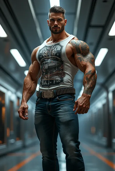 Handsome and muscular man with big pecs, with sleeveless shirt with automotive brand print, strong arms with tattoos, a pair of jeans, with sexy studs, thick belt, strong and muscular legs, large lump,  In the background, en una nave espacial,   great deta...