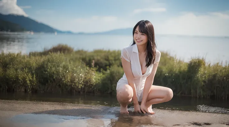 (Best picture quality),((One woman)),( Japanese woman):1.8,(Young body not fully matured):2.7,(On a stage just below the surface of the water, built on a lake):2.8,(She wears only a small, wet, transparent white blouse):2.5,(stark naked):1.2,(thighs spread...