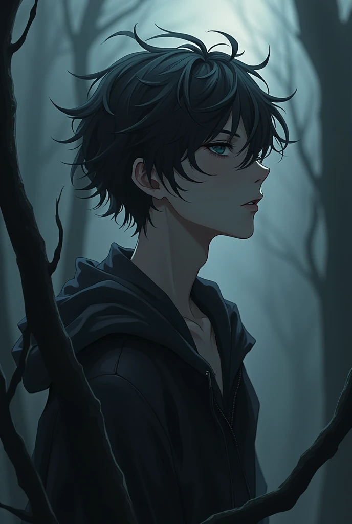 A semi-realistic version of a tall, thin person with an attractive appearance, wavy black and white hair in a dark and desolate place but is an anime-style boy