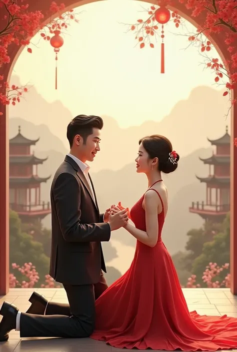 A handsome Chinese man kneels down to propose marriage.