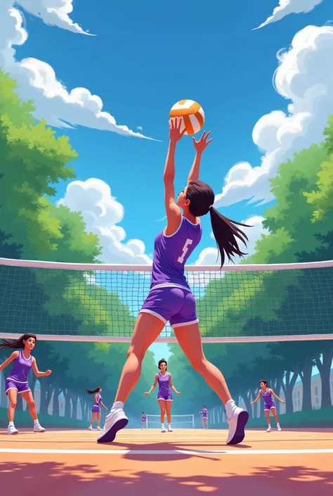 Drawing of a  in light purple clothes playing volleyball