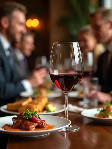 A picture of red wine and food, with people, a warm background, professional photography, and high-pixel images.