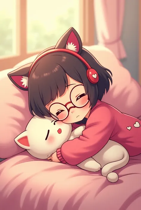 Girl with short hair and cartoon-style glasses wearing a pink headset and a pink shirt with a heart is sleeping hugging a stuffed kitten