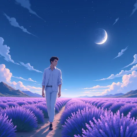 A cool young Man, detailed face, in a lavender field with moon and stars at night all white clothes. photo taking in the whole body of the character who is walking among the plants, 2D anime style, anime art