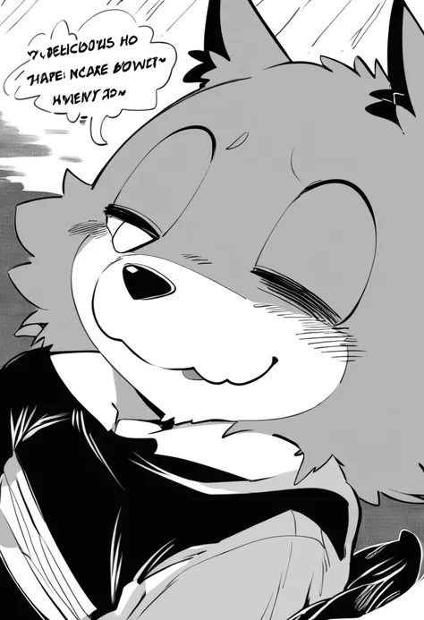 Black and white comics、Japanese Manga、Monochrome、 Conversation scene、Comical werewolf wearing a long sleeved black shirt、A delicious looking cartoon of meat appears before your eyes、Happy Face、smile、cute、