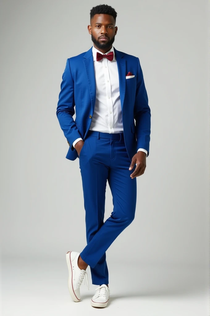 mixed-race man, con blazer azul, White shirt, bow of the color that best matches, strap of the color that best suits, Royal blue jeans and white vans shoes