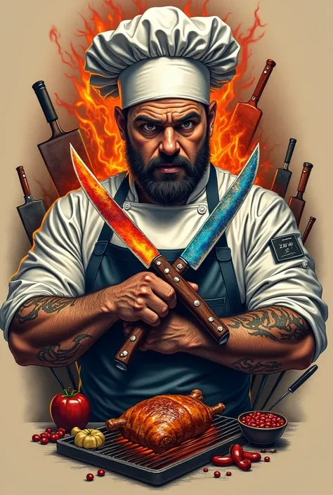 Tattoo of a chef with an axe knife crossed with another colored knife and details of roasts or grills 

