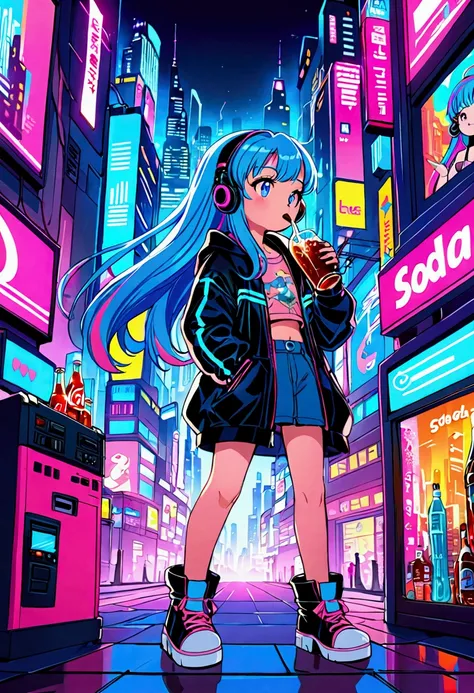 , (true beautiful:1.2),long hair,,10yo,,(tiny 1girl model:1.2),Pink and blue hair girl, soda, Inspired by 90s anime, Cyberpunk City, praise, colorful, listen to music, Pink Hair, Blue Hair、Drinking alcohol