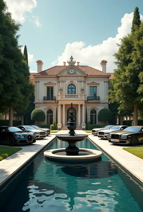 a beautiful mansion having beautiful fountain, and four bugatti chiron cars standing left side of mansion, four rolls royce cars standing right side of mansion.