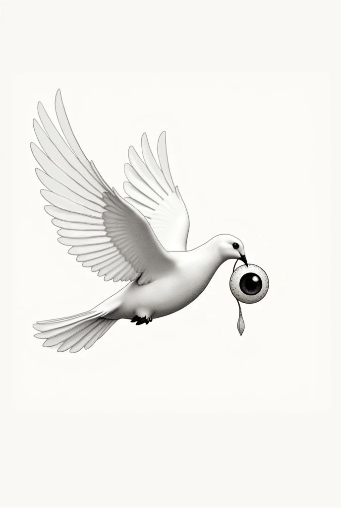 White dove with one eye in its beak flying simple drawing 