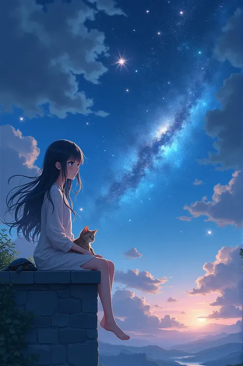 A anime girl sits on a wall with a cat, light background, style of anime4 K, Anime art wallpaper 8k, anime girl with cosmic hair, Anime art wallpaper 4k, Anime art wallpaper 4k, Anime wallpaper 4 k, Anime wallpaper 4K, ethereal anime, 4K anime wallpaper, A...