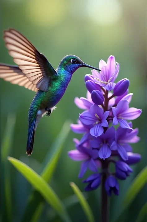 A stunning hummingbird hovering next to a vibrant purple hyacinth, delicately sipping nectar with its slender beak. The birds iridescent feathers gleam in shades of green and blue, and its wings are a soft blur from their rapid motion. The bright purple pe...