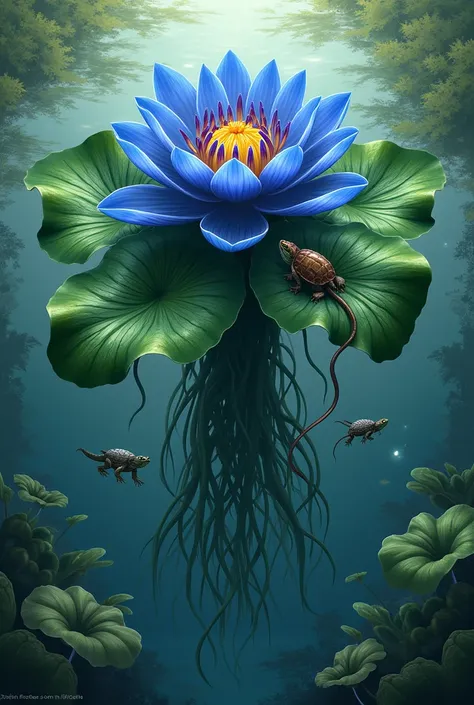 Illustrate the *Nymphaeolium herpetis*, a fictional aquatic plant species. Depict the large, glossy, dark green floating leaves, each up to 40 cm in diameter, with visible veins and a slight waxy sheen. The flowers should be prominent, showing vibrant blue...