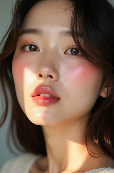 Create a korean makeup for women, glowing glass skin, radiant complexion, highlighter dewy skin, natural pink or cora blush, soft eye makeup and glossy lip, hd picture, real skin texture, close up face, long hair.