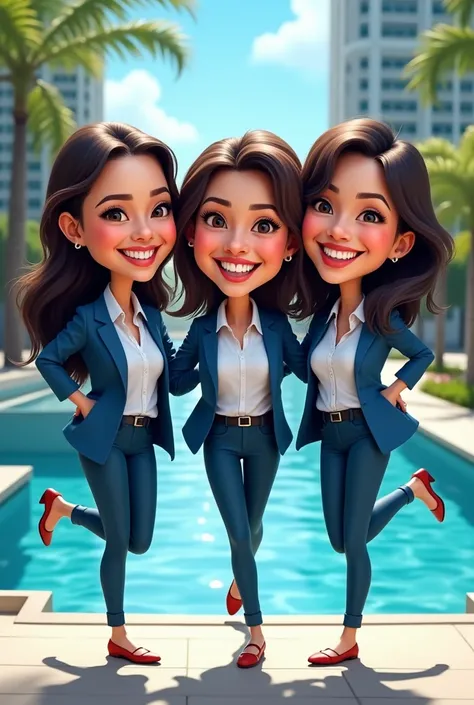 vibrant illustration featuring 3 Indonesian female professors, interlinked arms,raising right leg to waist,clad in stylish blue jackets,backdrop of a sparkling pool,each character exaggerated in proportions,expressive faces;colorful,3D caricature style,hig...