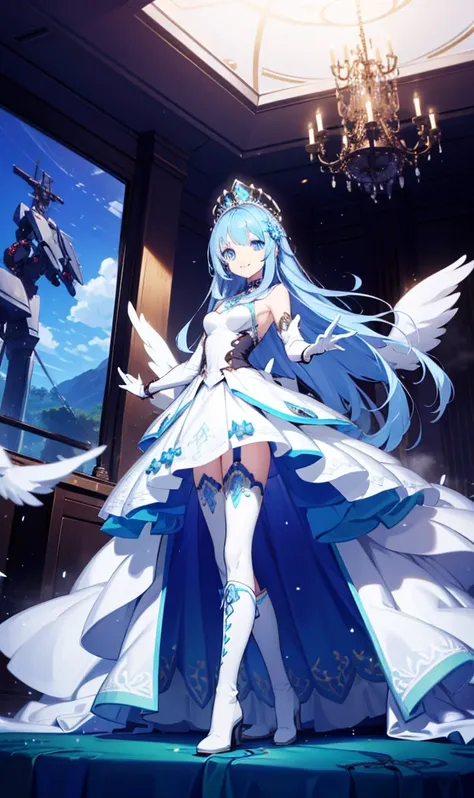 sentinel of heaven，elegant and charming，charm，in love，(fantasy world transparent white dress)，black gloves，silver hair，smile，blu...