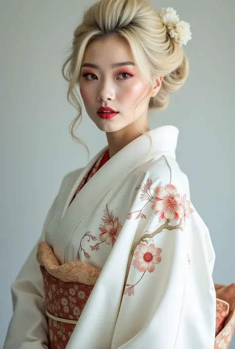 Professional studio photo of a beautiful traditional Japanese geisha with blonde hair wearing a white kimono.