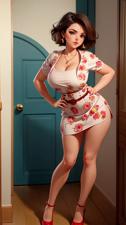 Italian girl, short chocolate hair, casual floral dress with red cutout, belt and necklace, beautiful shoes.  big fit ass , NSFW, Bunda big fit ass, must be a beautiful woman, sexly