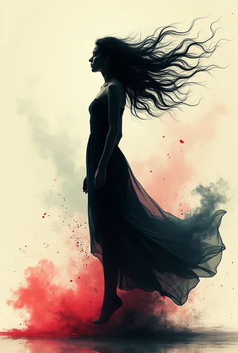 ((Inspired by John Ken Mortensen)), absurd, high resolution, Extremely detailed, Black and White, minimalist images, Help me generate a vertical movie poster，The long-haired woman in the middle is a silhouette, Hand-drawn, Clean lines, Floating clothes, Fl...