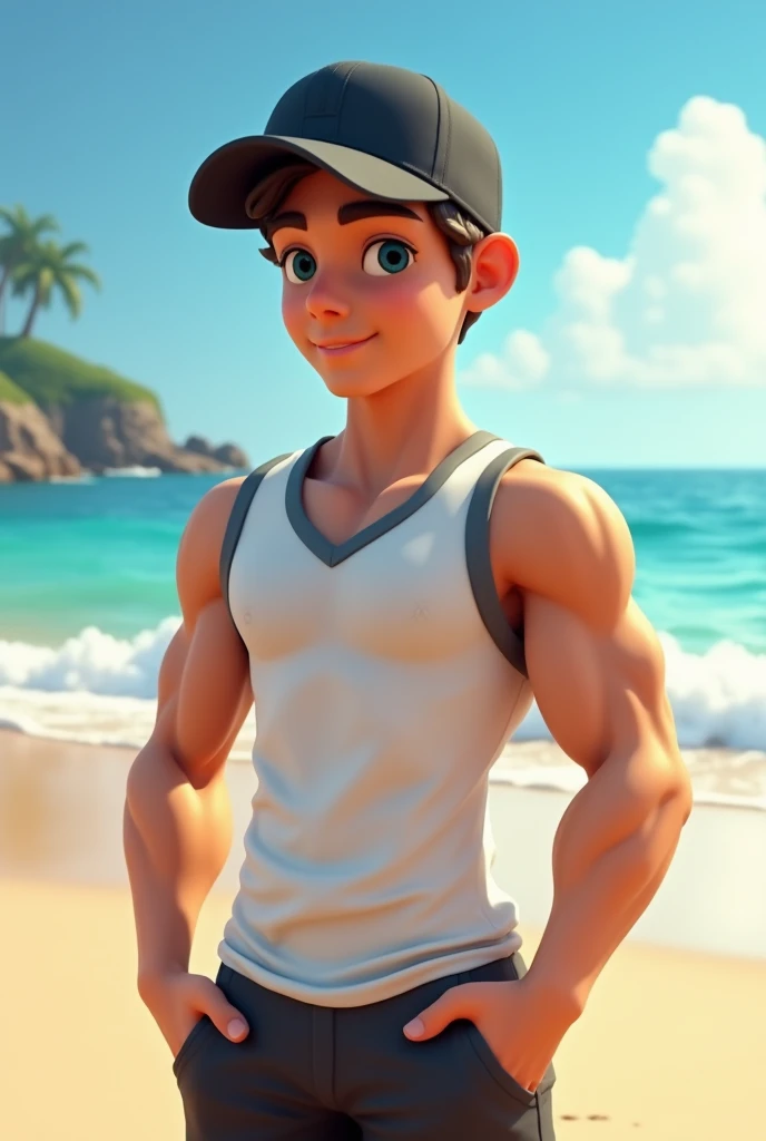 3D ,boy, handsome, Black cap, white sando,GRAY in shirt , fit body, beach background 