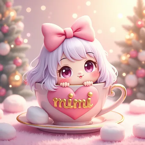 erma_QPskin. A photo of a chibi cartoon-style cute, fluffy pink, violet, and gold kawai girl, smiling. She has a large pink and violet bow on her hair. She is sitting in a Valentines cup with marshmallows. She is holding a heart with the 3D elegant text "M...