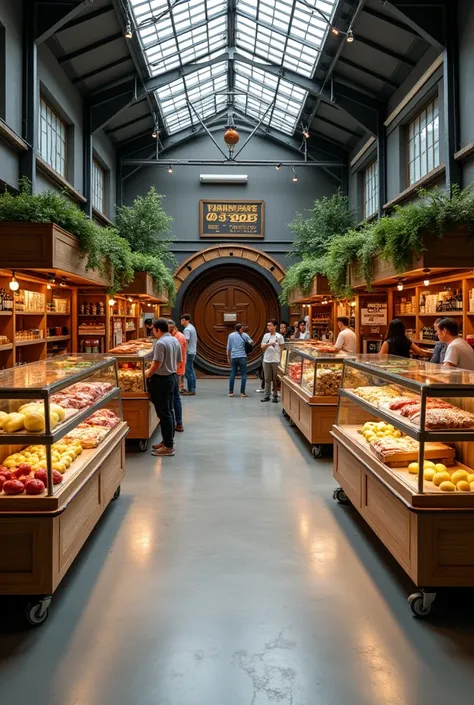 six indoor market stalls. birch on casters with wheels. coffee shop. butcher. veggie stand. cake stand. retro and homey rustic but clean. gray epoxy floor. plate glass window in front and an old bank vault with coffee shop in it on far end. indoor farmers ...