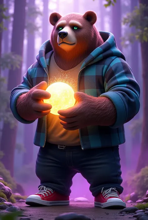 A 3D render of a bear with human characteristics, standing on its hind legs. The big strong bear , green eyes, and is wearing a blue, black, and white plaid sweatshirt, black jeans, and red Converse shoes. The bear has a wise expression and is surrounded b...