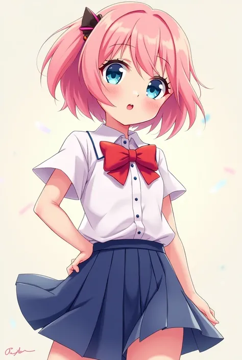 Anime girl with short pink hair and blue eyes and beautiful school uniform