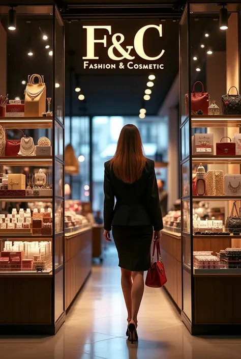 A woman entering a store selling accessories, makeup, nails, and a bazaar.
The lighting is cold and warm.
The business is called F&C - Fashion & Cosmetic, is located in Buenos Aires, the stores logo is gold with century font.