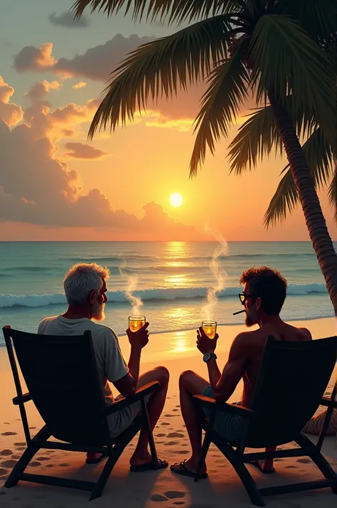 Men sitting near beach with glass of rum and smoke alone sun set 