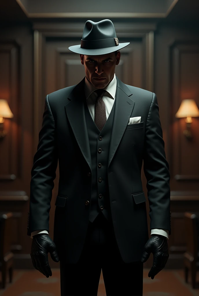 Mafia boss with black hat black gloves and accessories