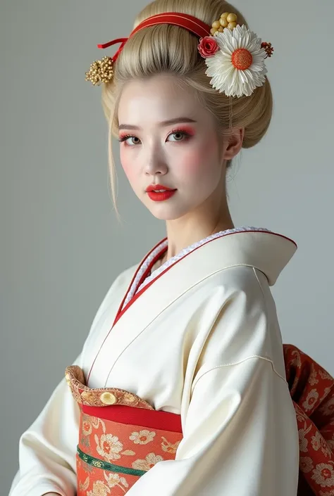 Professional studio photo of a beautiful traditional Japanese geisha with blonde hair wearing a white kimono.