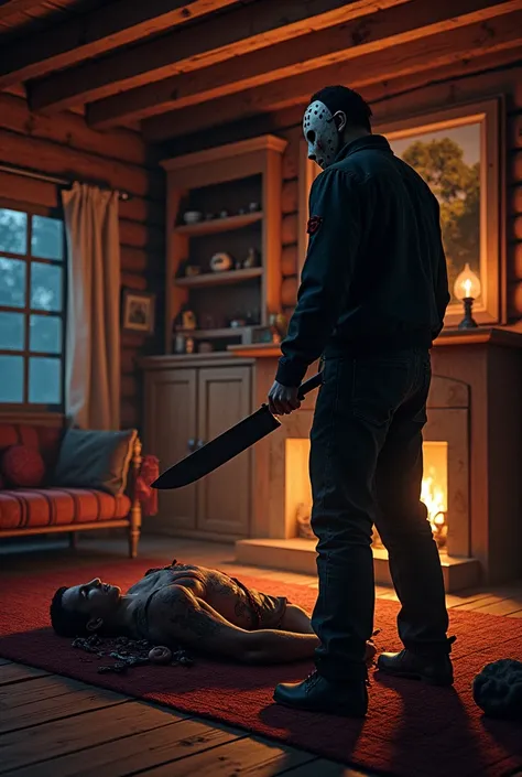 Living room of a wooden cabin is night outside, a man&#39;s entrails on the floor and Jason right in front with a machete in his hand 